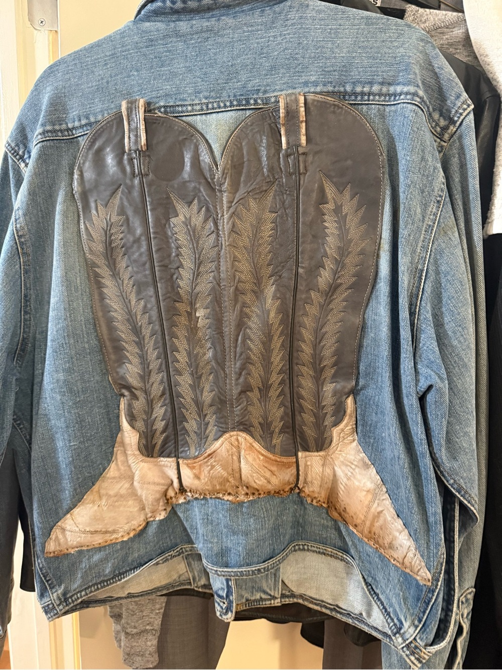 Men's Blue Denim Jacket with Brown Leather Western Back Panel